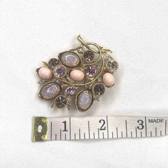Rare Vintage Graziano Stamped Pink Iridescent Rhinestone Gold Tone Floral Brooch - Picture 6 of 6